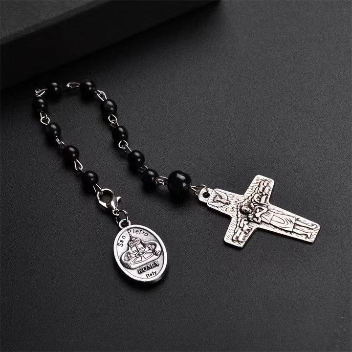 Christian Art Retro Style Crucifix and St. Peter's Basilica Badge Black Beads Prayer Rosary