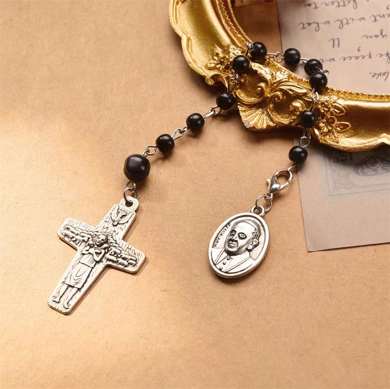 Christianartworkshop Retro Style Crucifix and St. Peter's Basilica Badge Black Beads Prayer Rosary