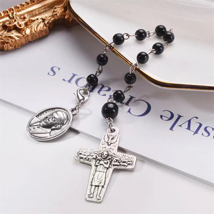 Christian Art Retro Style Crucifix and St. Peter's Basilica Badge Black Beads Prayer Rosary