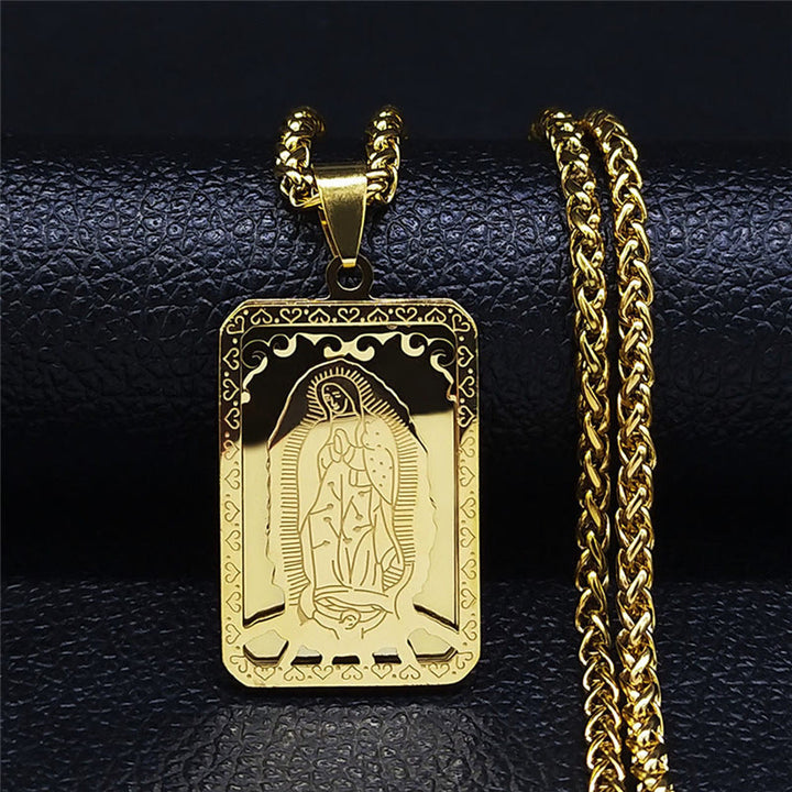 Christian Art Classic Style Our Lady of Guadalupe Square Hangtag Stainless Steel Pendant Necklace