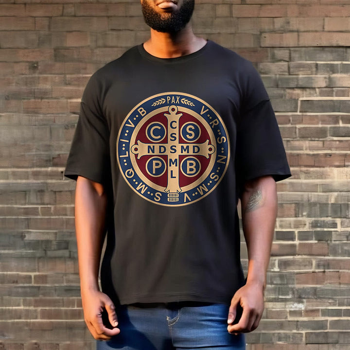 Christianartworkshop Classic Colored Style St. Benedict Protector Icon Short Sleeve Washed T-shirt