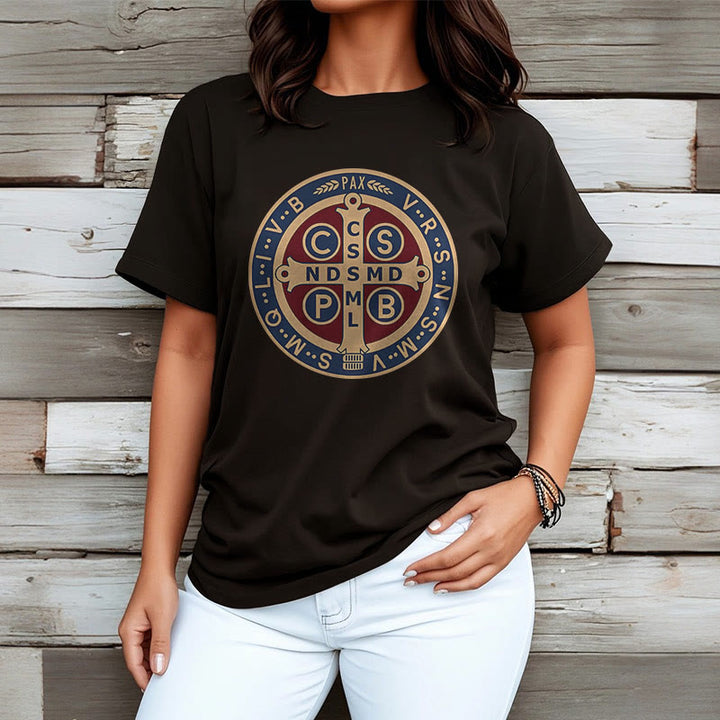 Christianartworkshop Classic Colored Style St. Benedict Protector Icon Short Sleeve Washed T-shirt