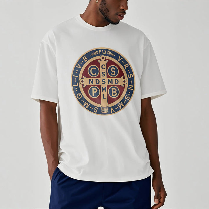 Christianartworkshop Classic Colored Style St. Benedict Protector Icon Short Sleeve Washed T-shirt