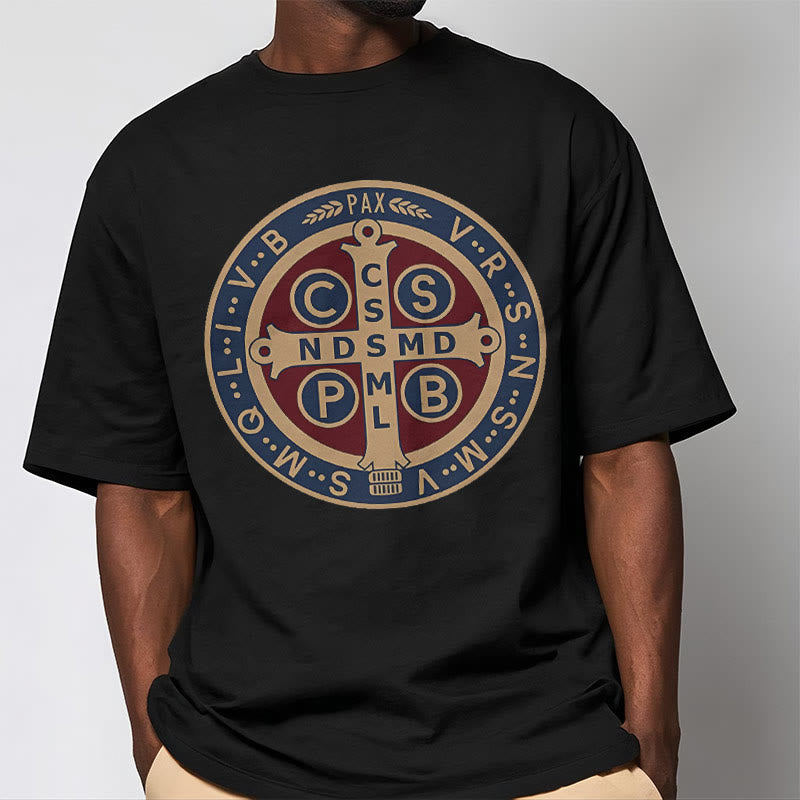 Christianartworkshop Classic Colored Style St. Benedict Protector Icon Short Sleeve Washed T-shirt