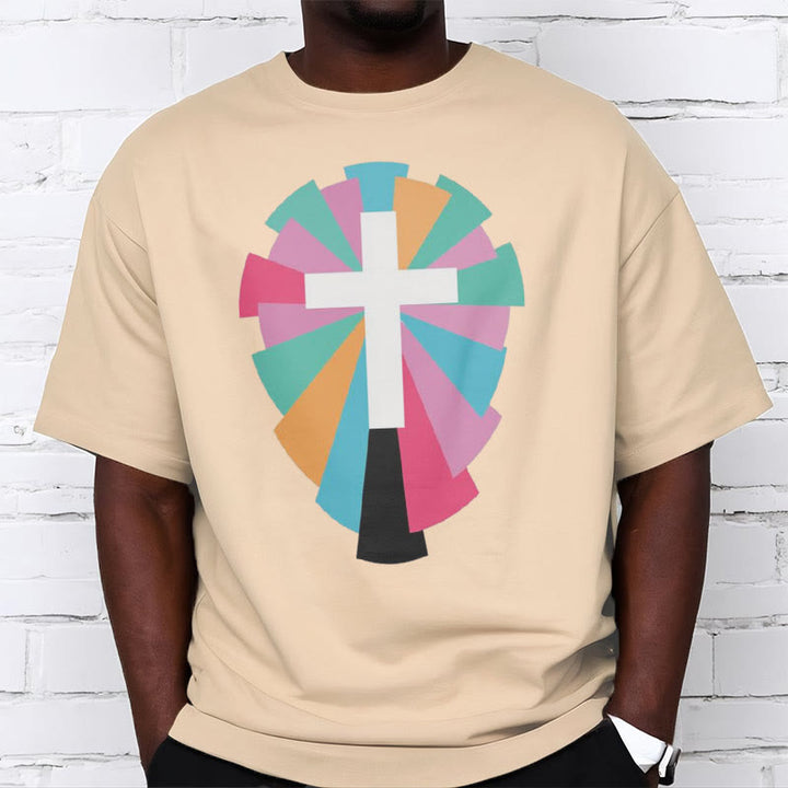 Christianartworkshop Creative Style Radiating Rays and Cross Short Sleeve Washed T-shirt