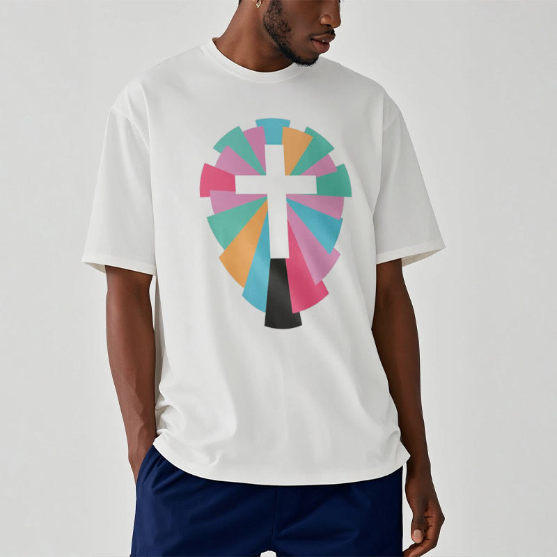 Christianartworkshop Creative Style Radiating Rays and Cross Short Sleeve Washed T-shirt