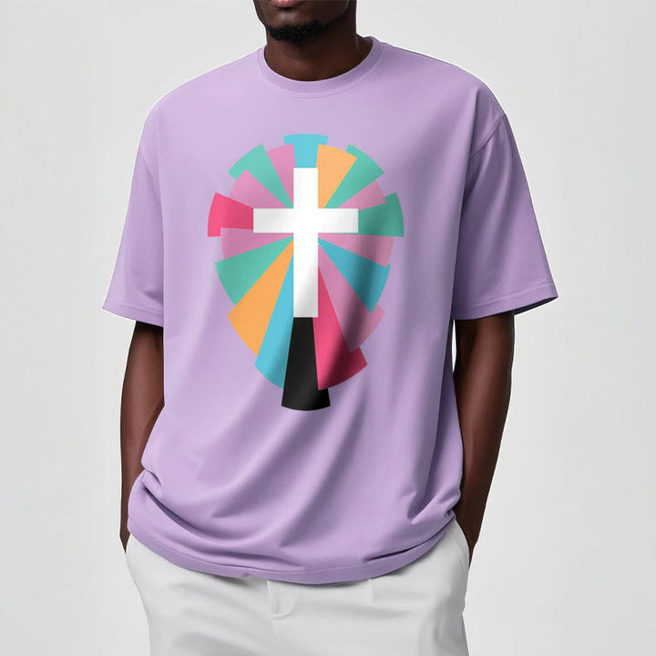 Christianartworkshop Creative Style Radiating Rays and Cross Short Sleeve Washed T-shirt