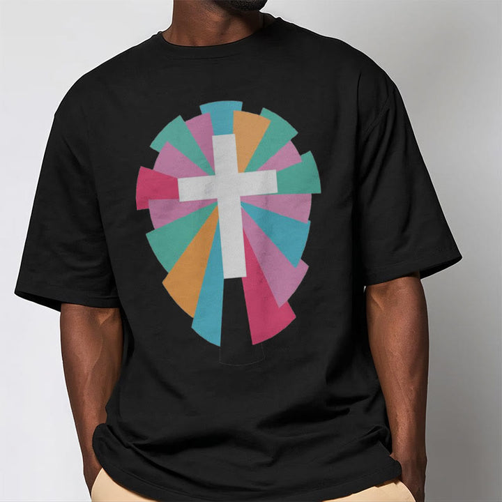 Christianartworkshop Creative Style Radiating Rays and Cross Short Sleeve Washed T-shirt