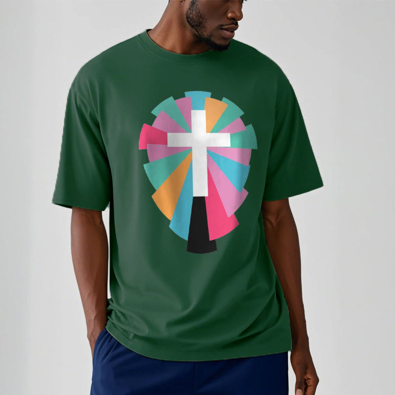 Christianartworkshop Creative Style Radiating Rays and Cross Short Sleeve Washed T-shirt