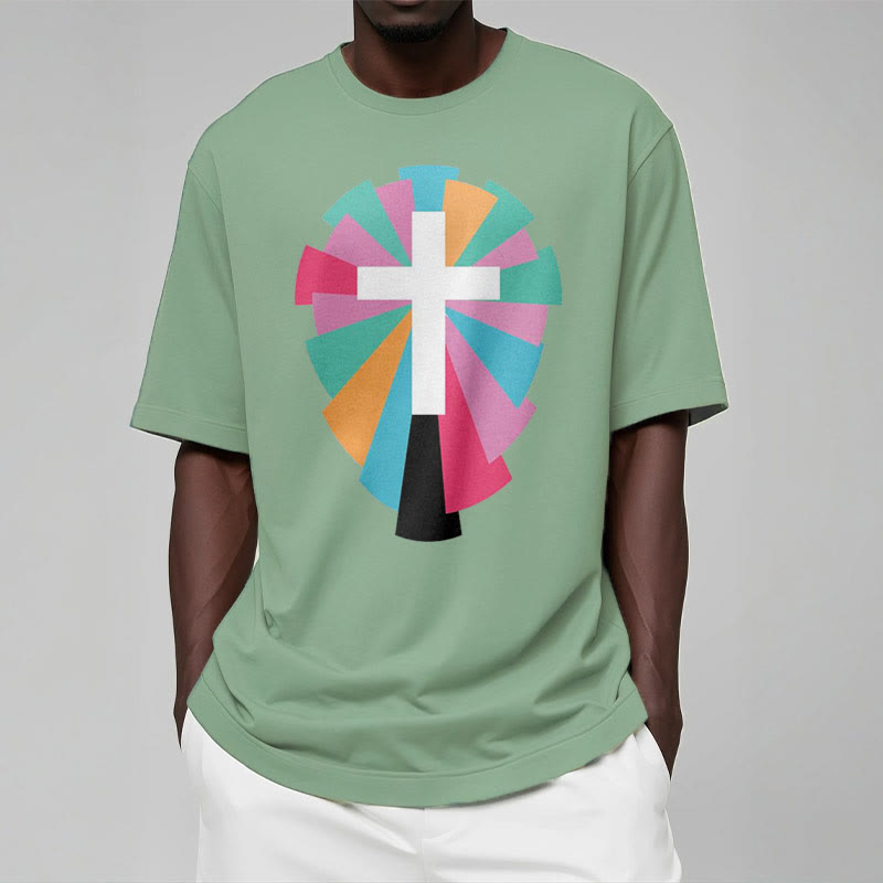 Christianartworkshop Creative Style Radiating Rays and Cross Short Sleeve Washed T-shirt