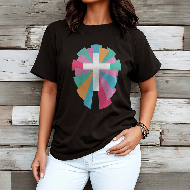 Christianartworkshop Creative Style Radiating Rays and Cross Short Sleeve Washed T-shirt