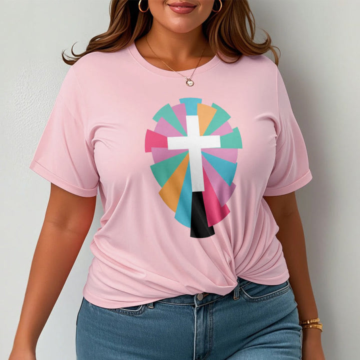 Christianartworkshop Creative Style Radiating Rays and Cross Short Sleeve Washed T-shirt