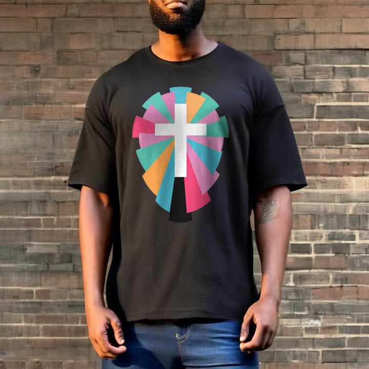 Christianartworkshop Creative Style Radiating Rays and Cross Short Sleeve Washed T-shirt