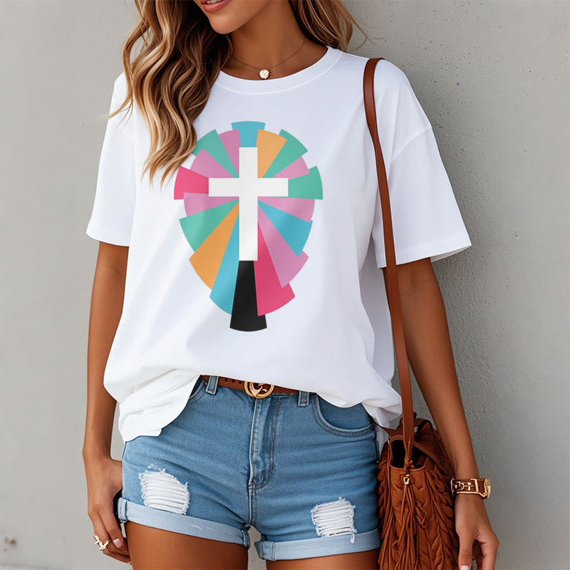 Christianartworkshop Creative Style Radiating Rays and Cross Short Sleeve Washed T-shirt