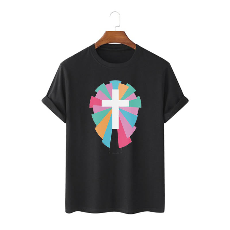 Christianartworkshop Creative Style Radiating Rays and Cross Short Sleeve Washed T-shirt