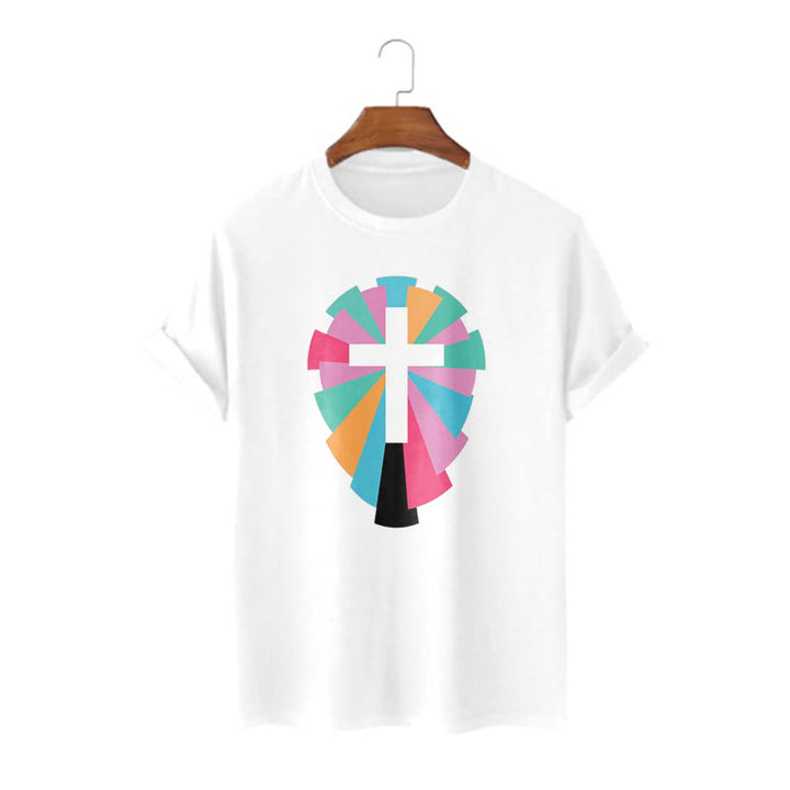 Christianartworkshop Creative Style Radiating Rays and Cross Short Sleeve Washed T-shirt