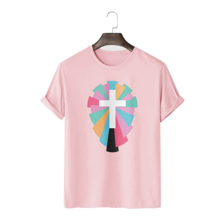 Christianartworkshop Creative Style Radiating Rays and Cross Short Sleeve Washed T-shirt