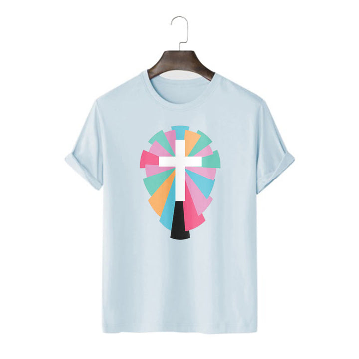 Christianartworkshop Creative Style Radiating Rays and Cross Short Sleeve Washed T-shirt