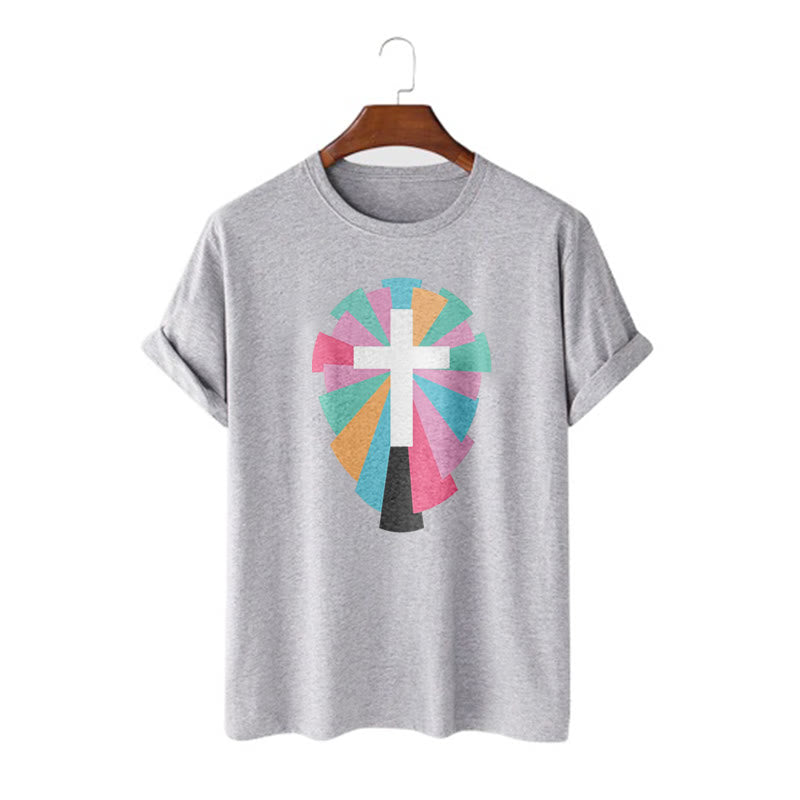 Christianartworkshop Creative Style Radiating Rays and Cross Short Sleeve Washed T-shirt