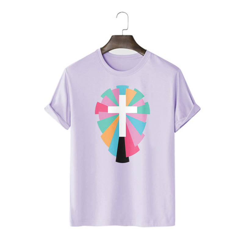 Christianartworkshop Creative Style Radiating Rays and Cross Short Sleeve Washed T-shirt