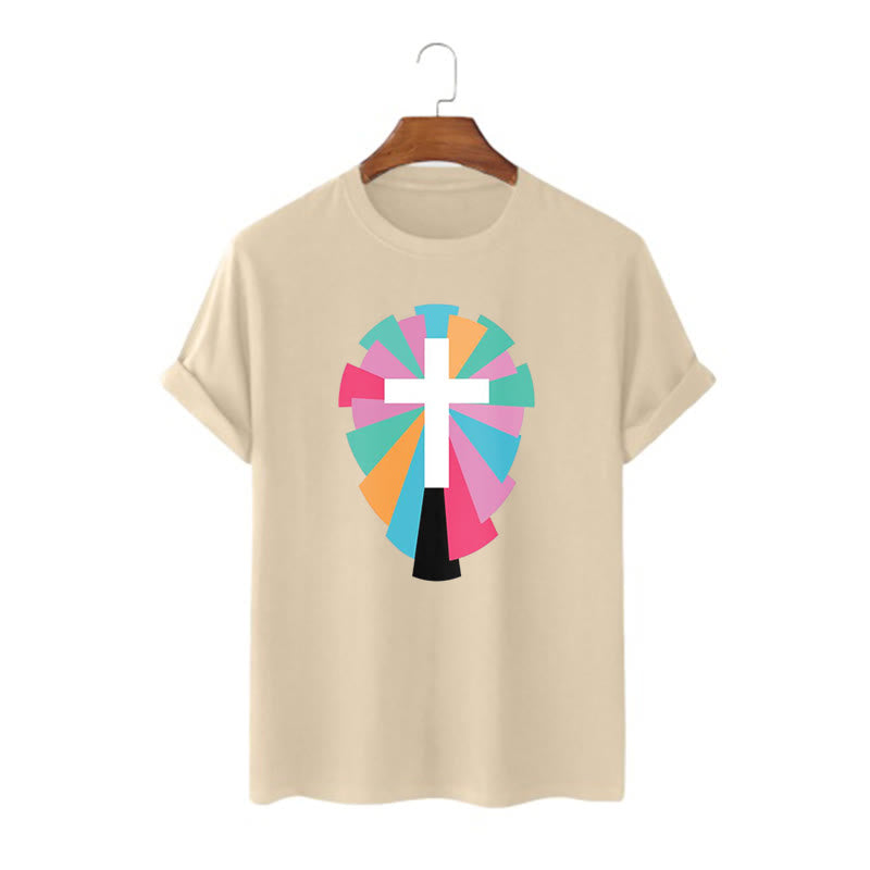 Christianartworkshop Creative Style Radiating Rays and Cross Short Sleeve Washed T-shirt