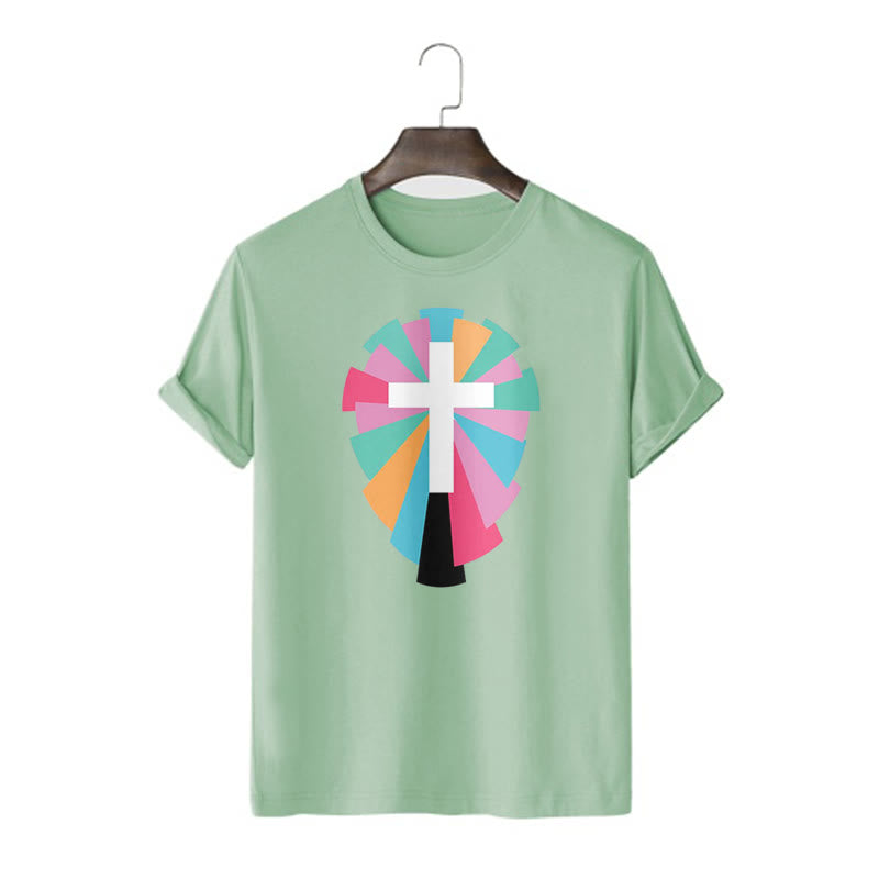 Christianartworkshop Creative Style Radiating Rays and Cross Short Sleeve Washed T-shirt