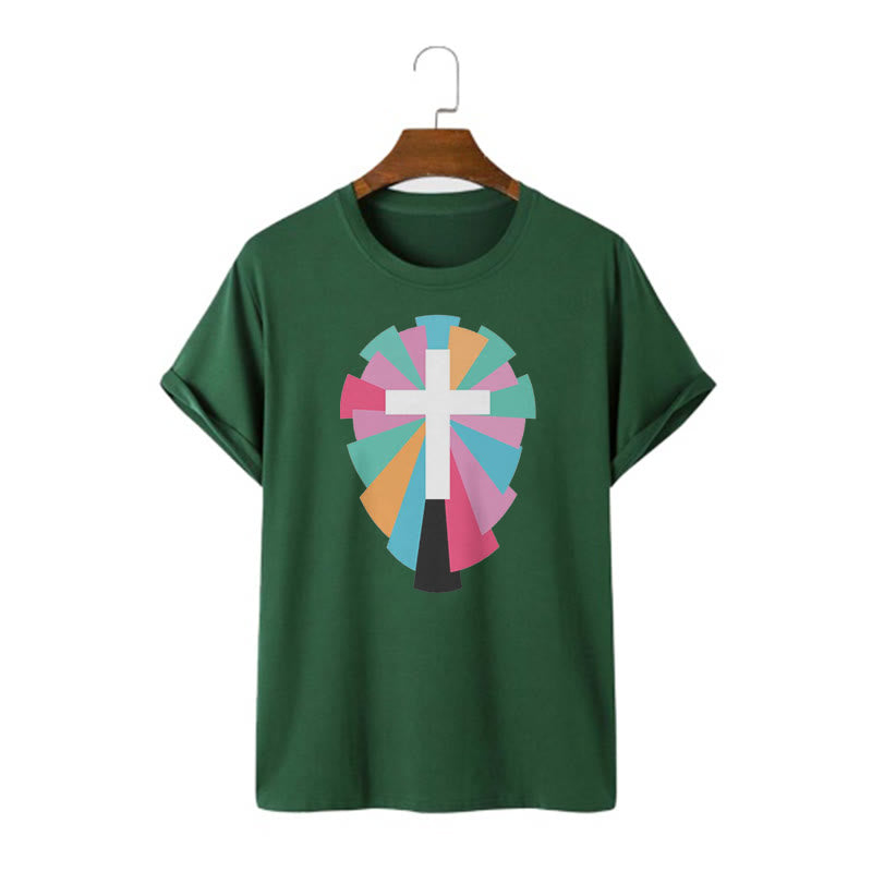 Christianartworkshop Creative Style Radiating Rays and Cross Short Sleeve Washed T-shirt