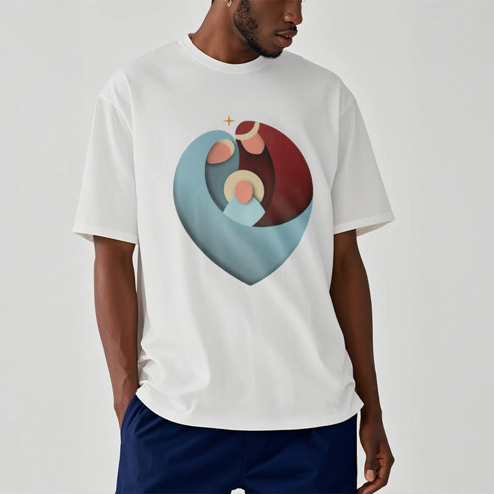 Christianartworkshop Creative Style the Holy Family with Our Sacred Heart Short Sleeve Washed T-shirt