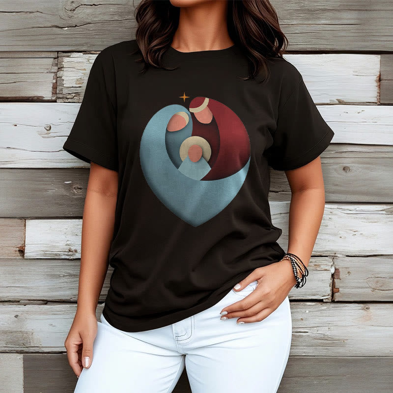 Christianartworkshop Creative Style the Holy Family with Our Sacred Heart Short Sleeve Washed T-shirt