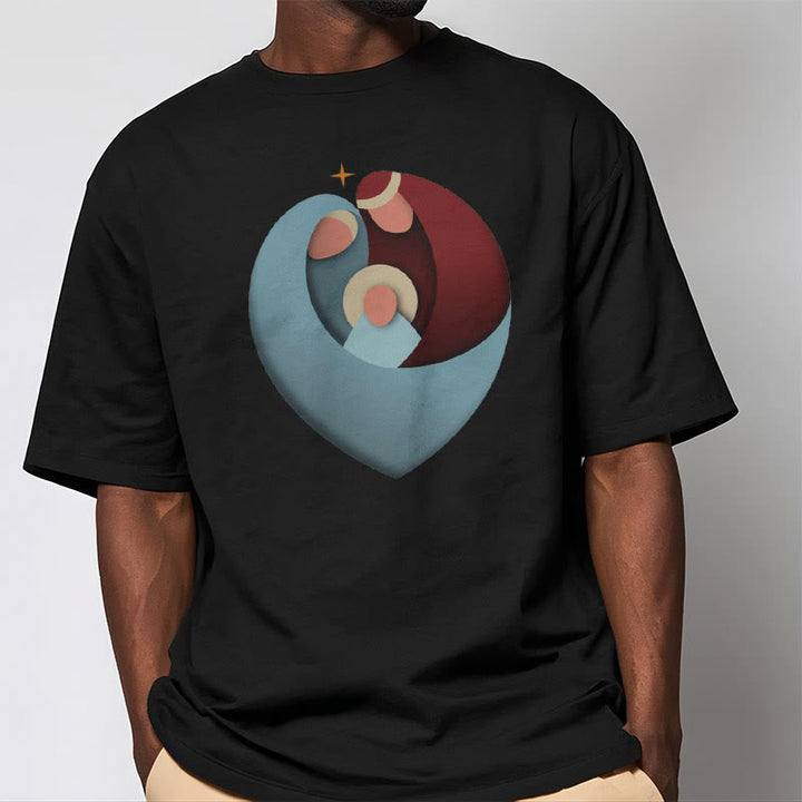 Christianartworkshop Creative Style the Holy Family with Our Sacred Heart Short Sleeve Washed T-shirt