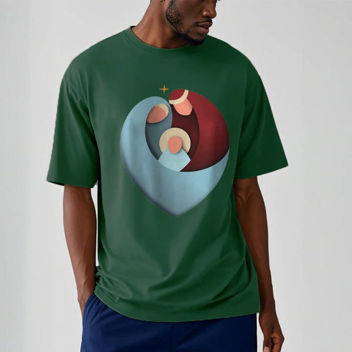 Christianartworkshop Creative Style the Holy Family with Our Sacred Heart Short Sleeve Washed T-shirt