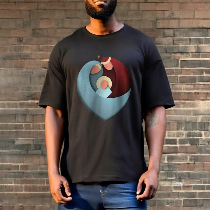 Christianartworkshop Creative Style the Holy Family with Our Sacred Heart Short Sleeve Washed T-shirt