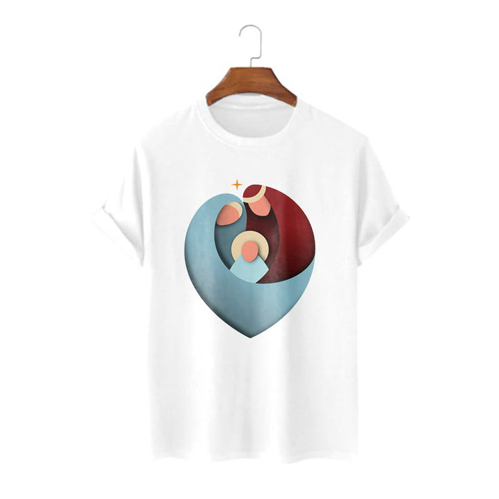 Christianartworkshop Creative Style the Holy Family with Our Sacred Heart Short Sleeve Washed T-shirt