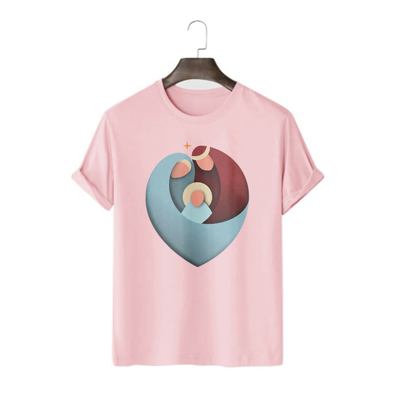 Christianartworkshop Creative Style the Holy Family with Our Sacred Heart Short Sleeve Washed T-shirt