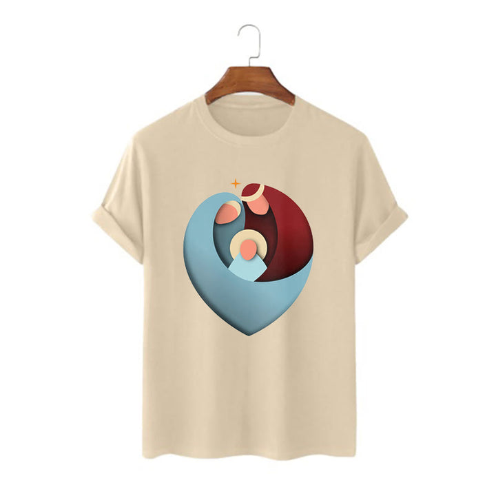 Christianartworkshop Creative Style the Holy Family with Our Sacred Heart Short Sleeve Washed T-shirt