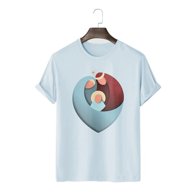 Christianartworkshop Creative Style the Holy Family with Our Sacred Heart Short Sleeve Washed T-shirt