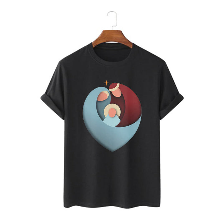 Christianartworkshop Creative Style the Holy Family with Our Sacred Heart Short Sleeve Washed T-shirt