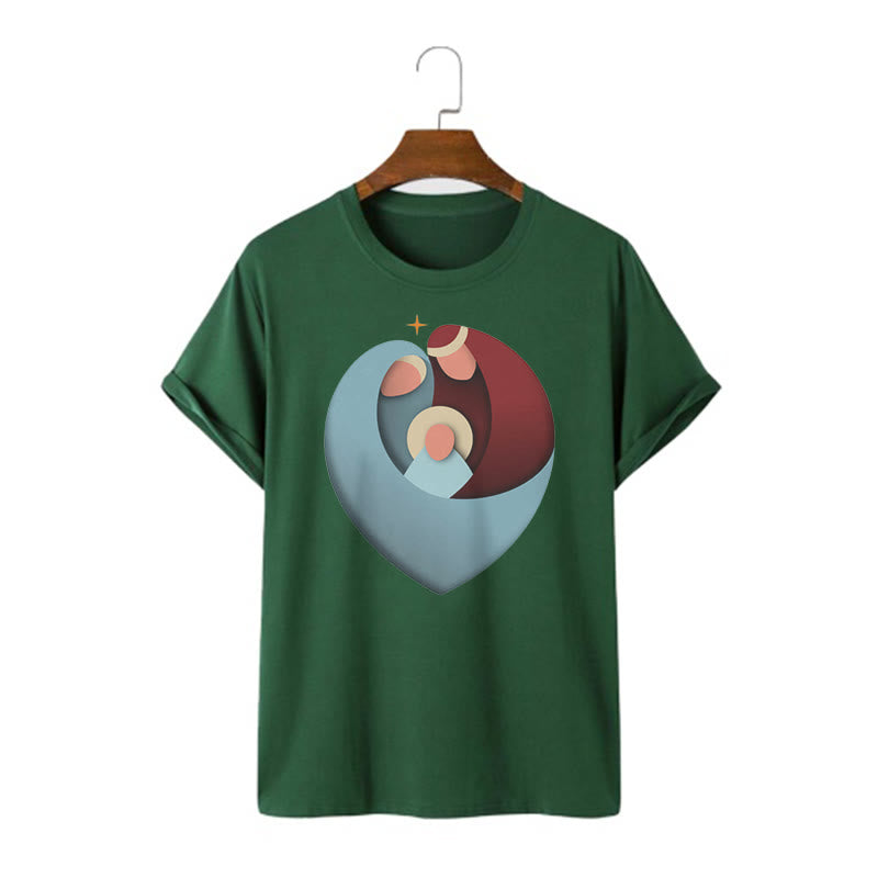 Christianartworkshop Creative Style the Holy Family with Our Sacred Heart Short Sleeve Washed T-shirt