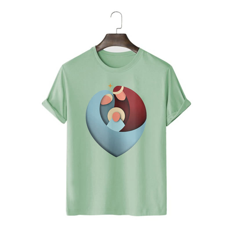 Christianartworkshop Creative Style the Holy Family with Our Sacred Heart Short Sleeve Washed T-shirt