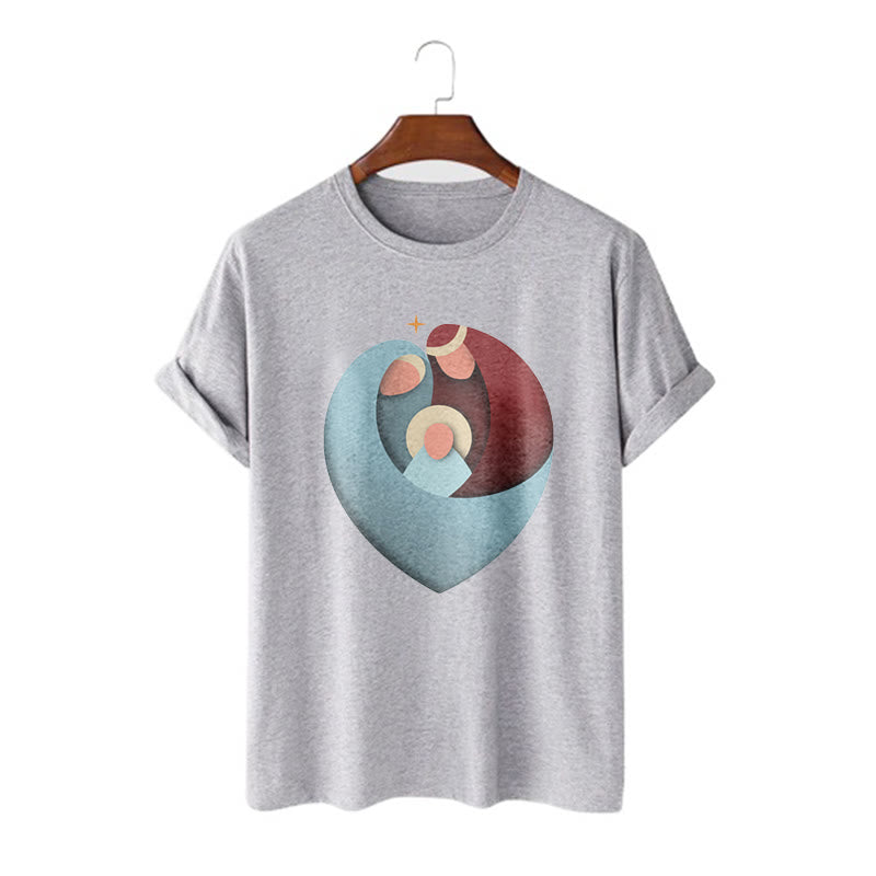 Christianartworkshop Creative Style the Holy Family with Our Sacred Heart Short Sleeve Washed T-shirt