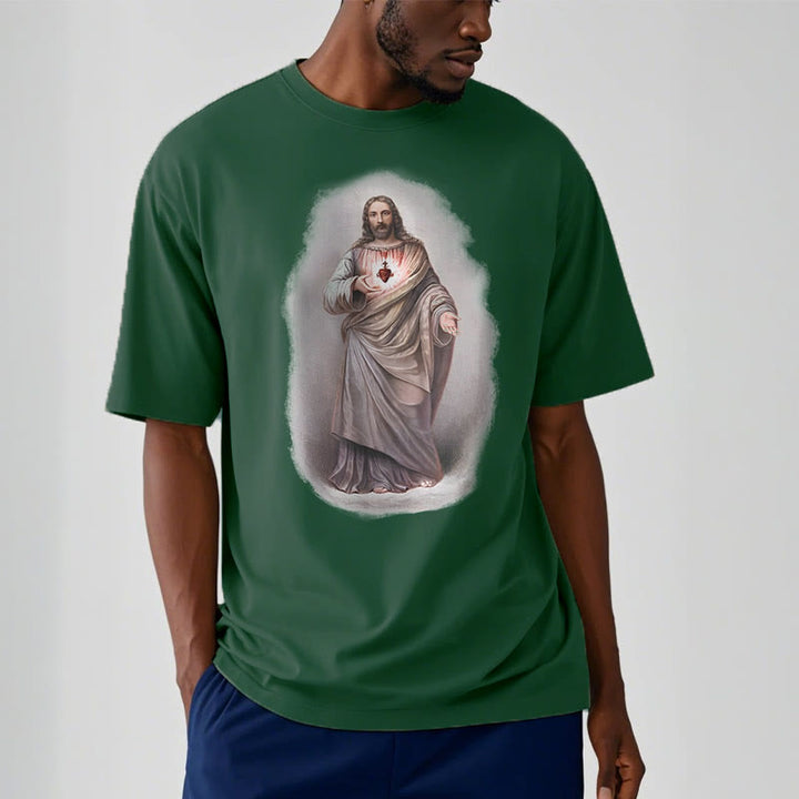 Christianartworkshop Retro Style Sacred Heart Short Sleeve Washed T-shirt