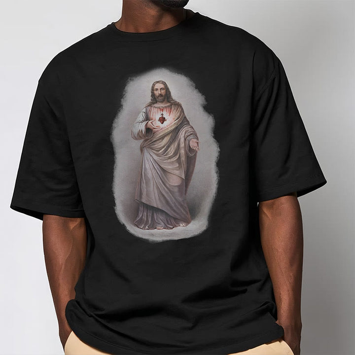 Christianartworkshop Retro Style Sacred Heart Short Sleeve Washed T-shirt