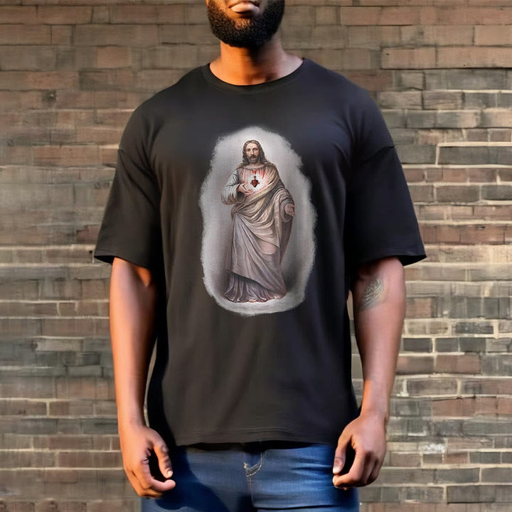 Christianartworkshop Retro Style Sacred Heart Short Sleeve Washed T-shirt - image 5