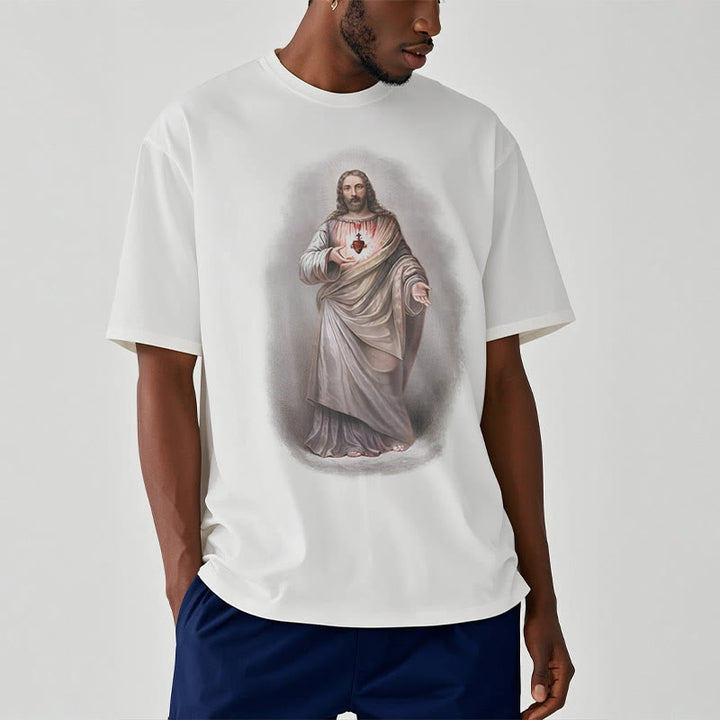 Christianartworkshop Retro Style Sacred Heart Short Sleeve Washed T-shirt