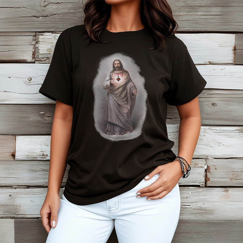 Christianartworkshop Retro Style Sacred Heart Short Sleeve Washed T-shirt