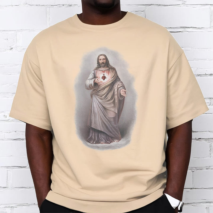 Christianartworkshop Retro Style Sacred Heart Short Sleeve Washed T-shirt