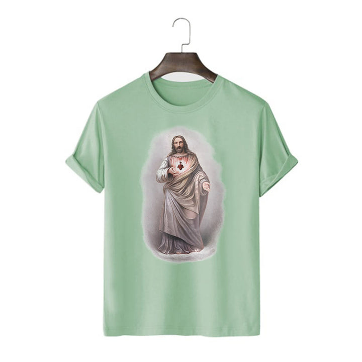 Christianartworkshop Retro Style Sacred Heart Short Sleeve Washed T-shirt - Light Green - 2XL - image 11