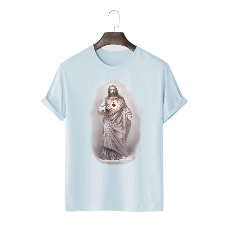 Christianartworkshop Retro Style Sacred Heart Short Sleeve Washed T-shirt - Blue - 2XL - image 17