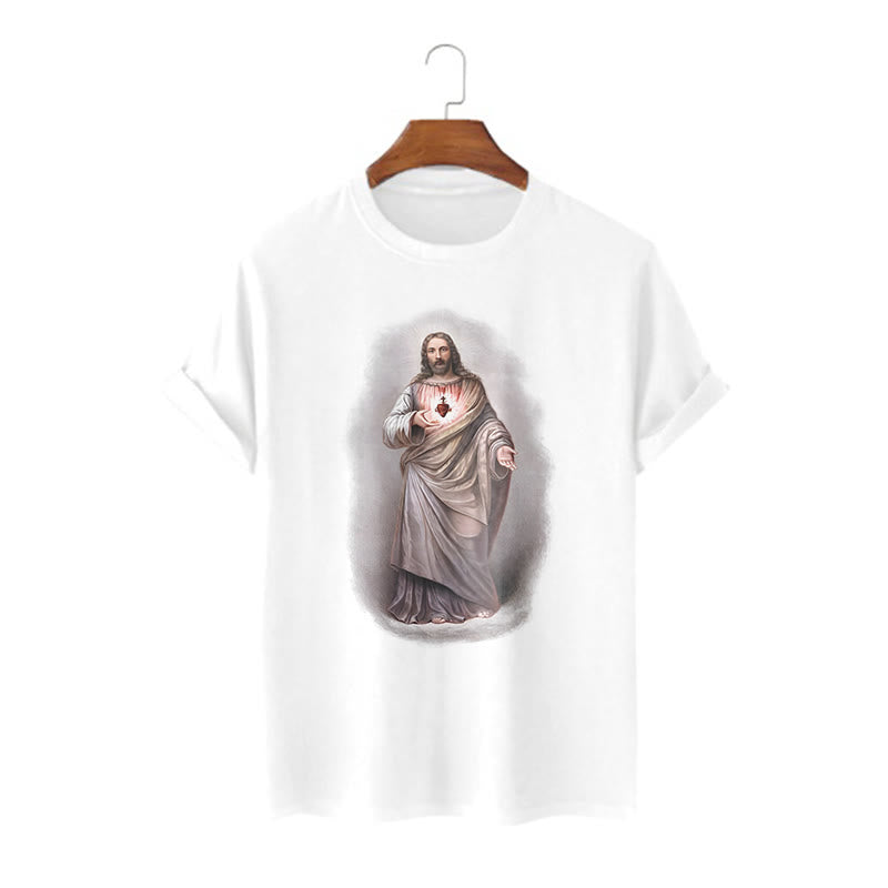Christianartworkshop Retro Style Sacred Heart Short Sleeve Washed T-shirt - White - 2XL - image 0