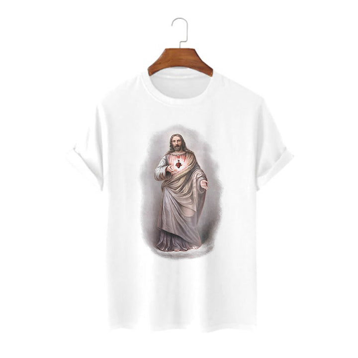 Christianartworkshop Retro Style Sacred Heart Short Sleeve Washed T-shirt - White - 2XL - image 0